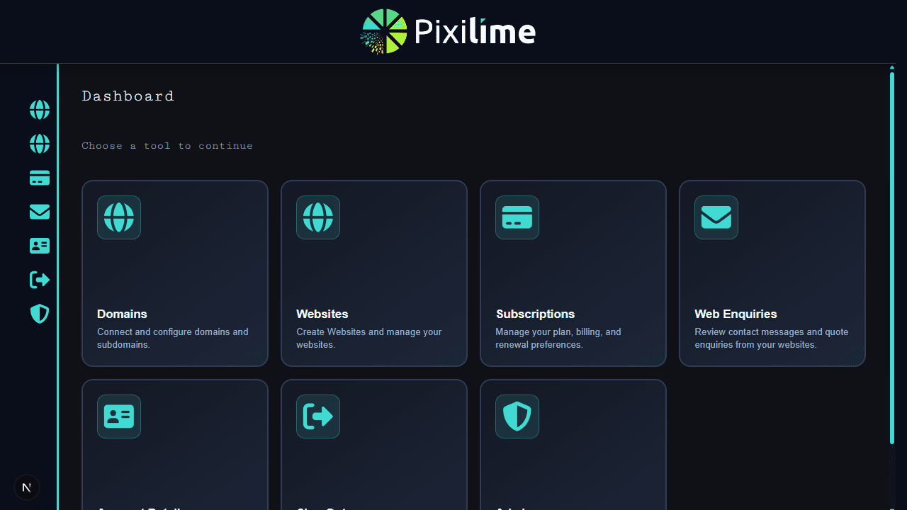The Pixilime dashboard with quick access to Domains, Websites, Subscriptions and more