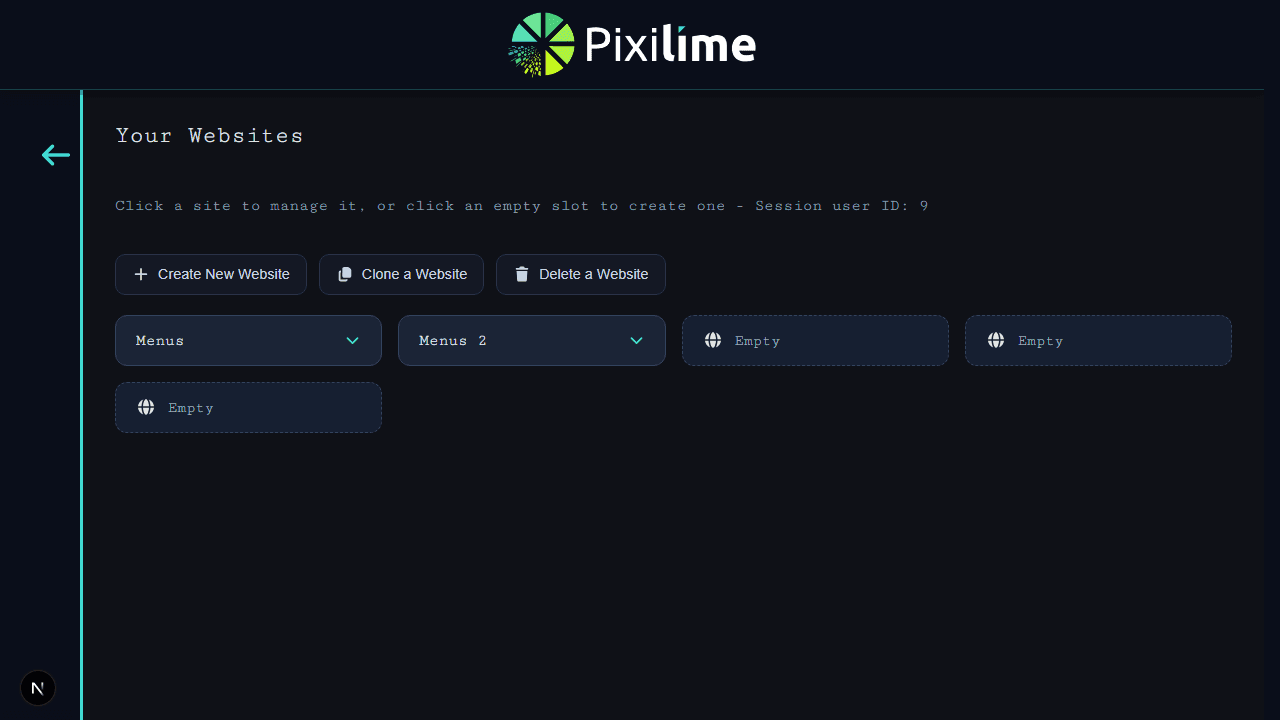 The Websites manager in Pixilime, listing a user's sites ready to edit